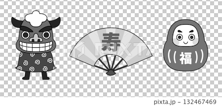 モノクロの正月の縁起物イラストセット（獅子舞・扇子・だるま） 132467469
