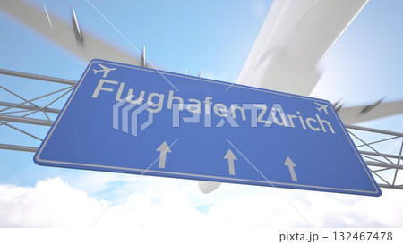 Realistic 3D render of blue sign near Zurich Airport with aircraft heading for touchdown, arriving to Zurich, Switzerland. 3D rendering Realistic 3D render of blue sign near Zurich Airport with aircraft heading for touchdown, arriving to Zurich, Switzerland. 3D rendering 132467478