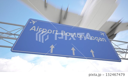 Bright blue motorway indicator toward Boston Logan Airport with jetliner gliding toward the runway, arriving to Boston, United States. 3D rendering 132467479