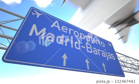 Blue motorway sign near Madrid Barajas Airport with plane heading outward from the airport, departing from Madrid, Spain. 3D rendering Blue motorway sign near Madrid Barajas Airport with plane heading outward from the airport, departing from Madrid, Spain. 3D rendering 132467481