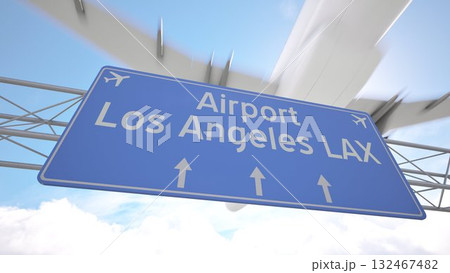 Highway direction sign for Los Angeles LAX Airport with plane nearing the city skyline, arriving to Los Angeles, United States. 3D rendering 132467482
