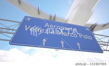Detailed airport direction sign near Venice Marco Polo Airport with plane nearing the city skyline, arriving to Venice, Italy. 3D rendering Detailed airport direction sign near Venice Marco Polo Airport with plane nearing the city skyline, arriving to Venice, Italy. 3D rendering 132467494