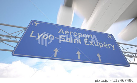 Realistic 3D render of blue sign near Lyon Saint Exupery Airport with plane nearing the city skyline, arriving to Lyon, France. 3D rendering Realistic 3D render of blue sign near Lyon Saint Exupery Airport with plane nearing the city skyline, arriving to Lyon, France. 3D rendering 132467496