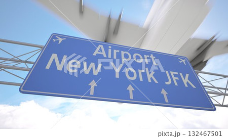 Modern blue travel sign for New York JFK Airport with plane nearing the city skyline, arriving to New York, United States. 3D rendering 132467501