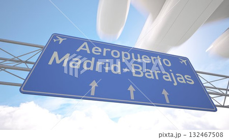 Airport road marker showing Madrid Barajas Airport with jet flying low before landing, arriving to Madrid, Spain. 3D rendering 132467508