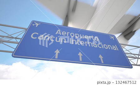Realistic 3D render of blue sign near Cancun International Airport with plane nearing the city skyline, arriving to Cancun, Mexico. 3D rendering 132467512