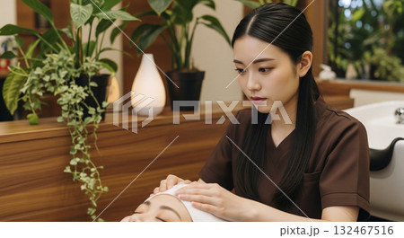 ヘッドスパで施術しているセラピスト 132467516