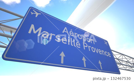 Bright blue motorway indicator toward Marseille Provence Airport with passenger jet rising toward the horizon, departing from Marseille, France. 3D rendering 132467530