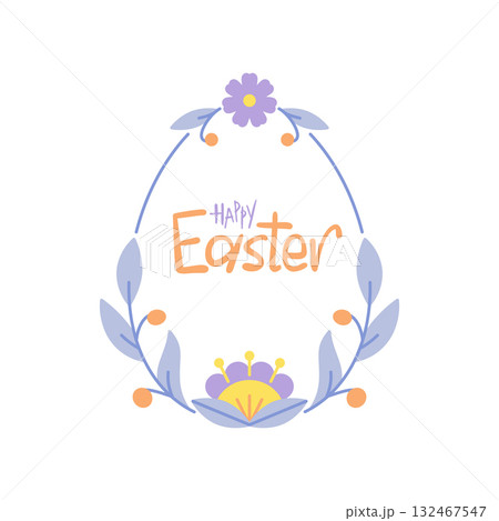 Happy Easter text inside festive bloom egg shape frame. Floral border with foliage crown blue leaves blossom flowers, spring lettering. Holiday congrats handwriting script botanical greeting wordmark Happy Easter text inside festive bloom egg shape frame. Floral border with foliage crown blue leaves blossom flowers, spring lettering. Holiday congrats handwriting script botanical greeting wordmark 132467547