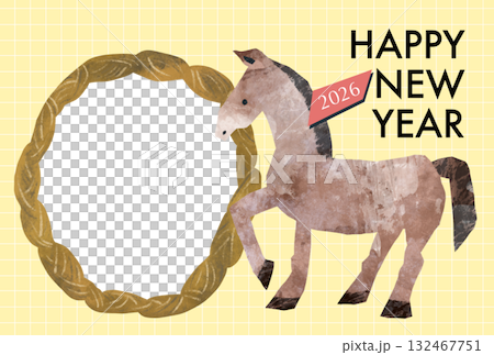 Cute horse illustration and photo frame New Year's card template for the Year of the Horse 2026 Cute horse illustration and photo frame New Year's card template for the Year of the Horse 2026 132467751