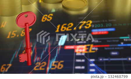 The Red Key and gold coins for Business concept 3d Rendering. 132468799