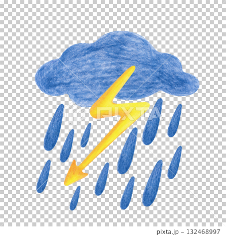 Stylized thunderstorm, hand-drawn. The colored pencil drawing with a dark cloud, lightning and rain is isolated on a white background. The icon of a natural phenomenon. Clipart. Stylized thunderstorm, hand-drawn. The colored pencil drawing with a dark cloud, lightning and rain is isolated on a white background. The icon of a natural phenomenon. Clipart. 132468997