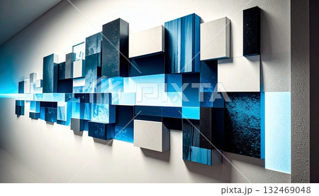 ゲームや未来館のある背景 直線と立体が織りなす近未来的な青と白のモダンアート構造 ゲームや未来館のある背景 直線と立体が織りなす近未来的な青と白のモダンアート構造 132469048