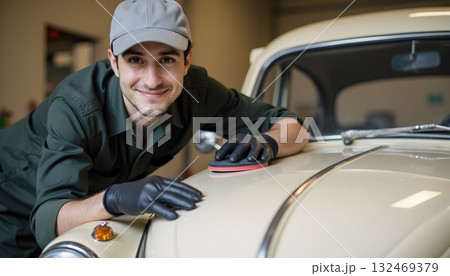 Happy mechanic polishing classic car in garage with tools and focused expression Happy mechanic polishing classic car in garage with tools and focused expression 132469379