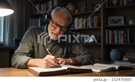 Senior Man Writing Notes at Desk Listening to Music in Cozy Library Setting 132470085
