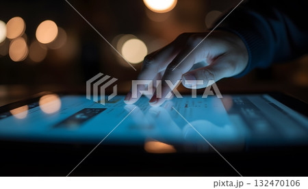 Hand Touching Tablet Screen with Glowing Display in Dimly Lit Environment 132470106