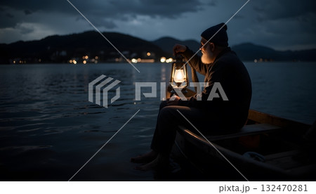 Man with Lantern on Boat at Dusk Reflecting Calm Water and Mountains in Background 132470281