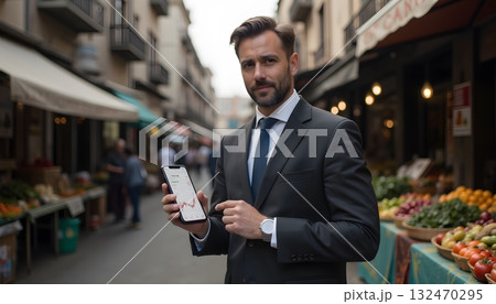 Businessman in Suit Holding Smartphone with Graph in Outdoor Market Setting 132470295