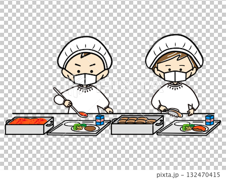 負責午餐的男孩和女孩們正在分發麵包和配菜 132470415