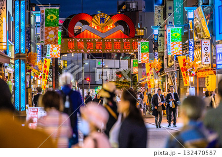 日本の東京都市景観インバウンド…巣鴨地蔵通商店街（巣鴨地蔵通り商店街）などを望む。マスク姿も… 132470587