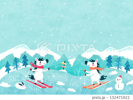 スキーをする馬の背景イラスト 雪が舞うゲレンデと雪山の自然風景（水彩風） 132471022