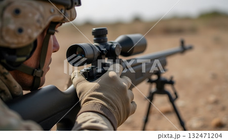 Soldier Aiming Rifle with Scope in Outdoor Training Environment on Sunny Day Soldier Aiming Rifle with Scope in Outdoor Training Environment on Sunny Day 132471204