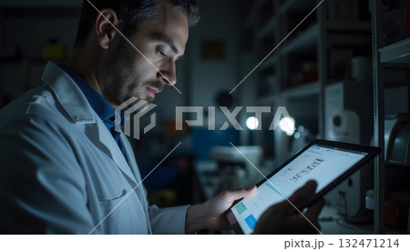 Scientist Examining Data on Tablet in Dimly Lit Laboratory Environment 132471214