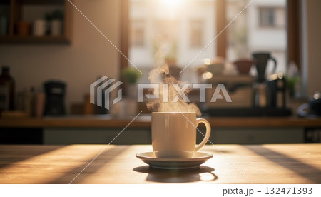 Hot Cup of Coffee on Wooden Table with Warm Morning Light Streaming in Hot Cup of Coffee on Wooden Table with Warm Morning Light Streaming in 132471393