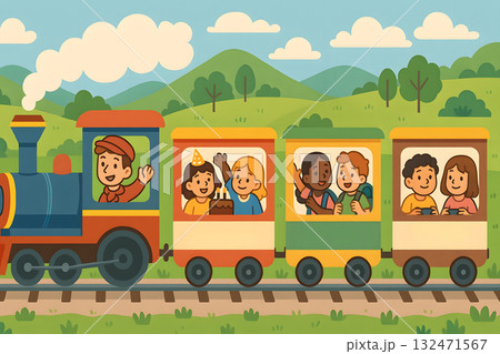 Smiling Children Riding a Colorful Train Through Hills 132471567