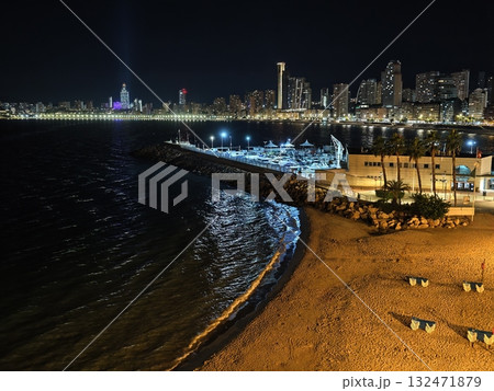 luminous skyline with diverse architecture reflected in tranquil waters during lively nocturnal 132471879