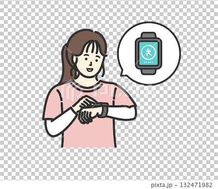 スマートウォッチで万歩計アプリを確認する女性 132471982