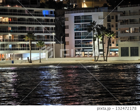 serene evening scene, silent promenade along waterfront with shimmering water and softly lit 132472178