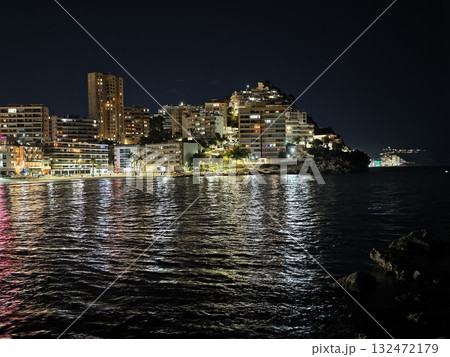 urban night scene, nightfall drapes city in cool shades with serene reflections across rippled 132472179