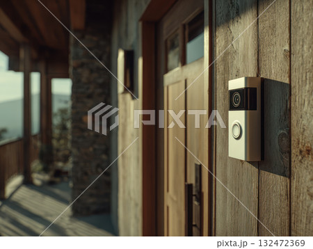 Smart doorbell camera mounted on rustic wooden wall near modern entrance door with natural daylight and warm ambiance 132472369