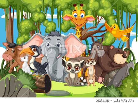 Group of Cartoon Jungle Animals in Forest Setting 132472378
