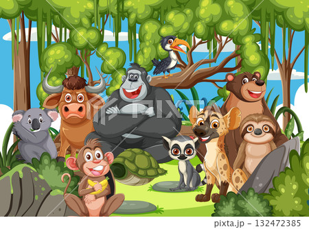 Group of Cartoon Jungle Animals in Lush Forest Setting 132472385