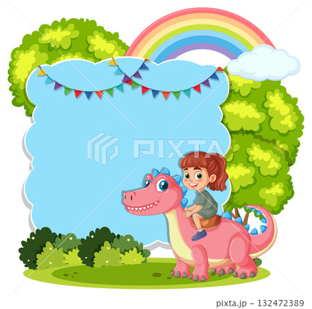Child Riding Pink Dinosaur in Colorful Forest Scene Child Riding Pink Dinosaur in Colorful Forest Scene 132472389