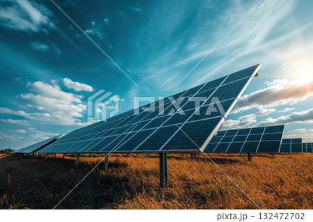 Solar panels in field under vibrant blue sky with clouds, capturing sunlight for renewable energy production 132472702