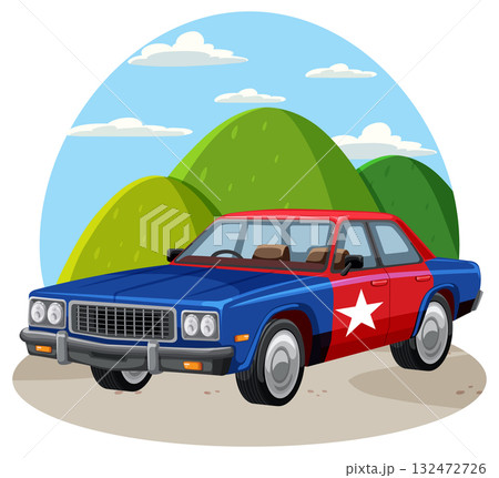 Classic Blue and Red Sedan with Star Emblem Outdoors 132472726