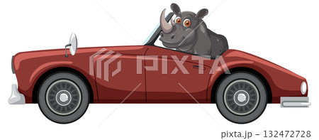 Cartoon Rhinoceros Driving Classic Red Convertible Car 132472728