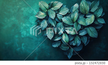 heart shaped arrangement of lush green leaves on textured teal background evokes sense of nature beauty and tranquility 132472830