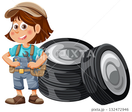 Young Mechanic Girl Standing Beside Stacked Car Tires Young Mechanic Girl Standing Beside Stacked Car Tires 132472946