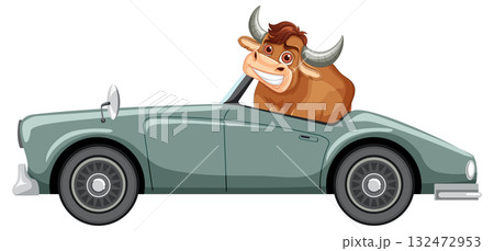 Cartoon Bull Driving Classic Convertible Car Cartoon Bull Driving Classic Convertible Car 132472953