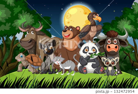 Group of Cartoon Wild Animals in Forest at Night 132472954