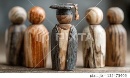 Wooden figures representing education and success with graduate wearing mortarboard and tassel standing out among others Wooden figures representing education and success with graduate wearing mortarboard and tassel standing out among others 132473406