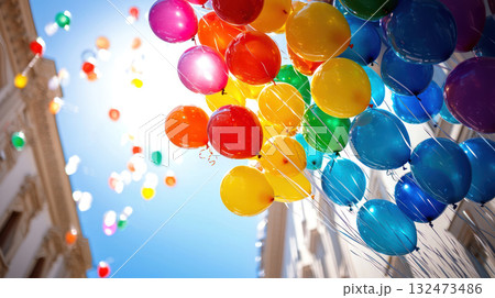 Colorful balloons floating in sky symbolize joy and celebration, with bright hues of red, yellow, green, and blue 132473486