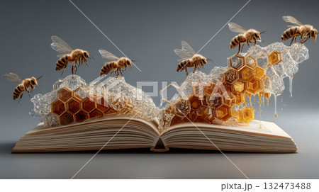 Open book with honeycomb and bees emerging symbolizes business growth and sustainability through nature inspiration and hard work 132473488