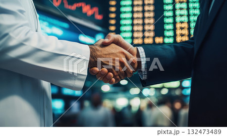 successful business partnership is celebrated with handshake, stock market ticker in background 132473489