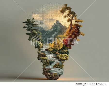 Nature driven puzzle shaped like light bulb shows sustainable mountain landscape symbolizing innovation in business world 132473699