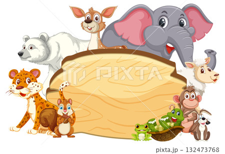 Cartoon Wild Animals Grouped Around Wooden Sign Board 132473768